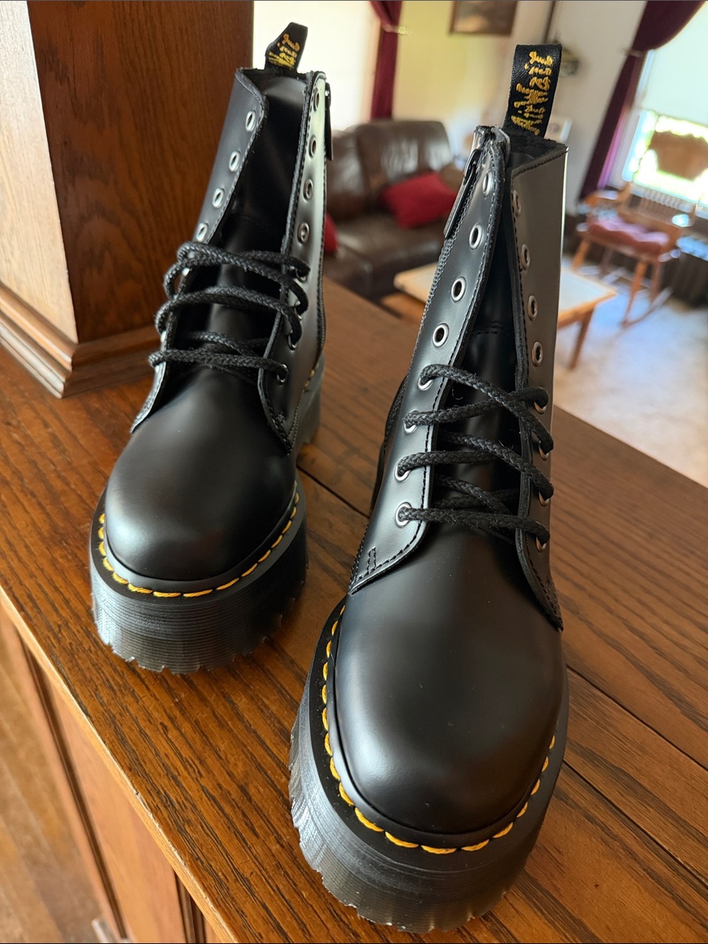 Dr. Martens Jadon Black Lace-Up Platform Boot with Yellow Welt Stitching - Picture 5 of 7